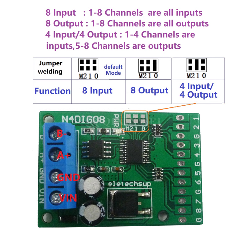 N4DIG08 8CH IO Module TTL to RS485 Modbus RTU Digital Switch for PLC Relay N4DIG08 8CH IO Module TTL to RS485 Modbus RTU Digital Switch for PLC Relay