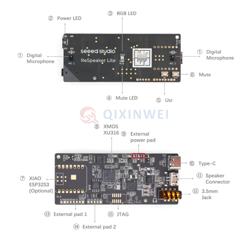 Seeed Studio reSpeaker Lite 2-Mic Array Voice Processing Development Board XMOS XU316 AI Audio Chip I2S/USB Compatible with XIAO ESP32S3 Seeed reSpeaker Lite 2-Mic Voice Dev Board XMOS XU316 AI Audio