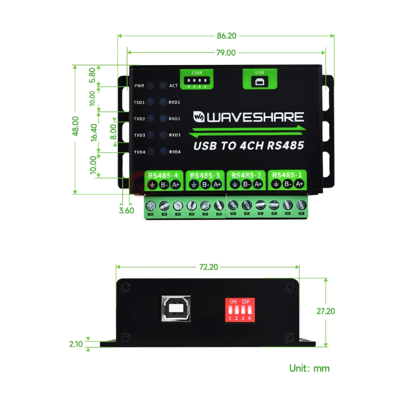 Waveshare USB to 4‑Channel RS485 Converter Industrial Serial Communication Module Waveshare Industrial USB to 4CH RS485 Converter 4-Port Serial Module