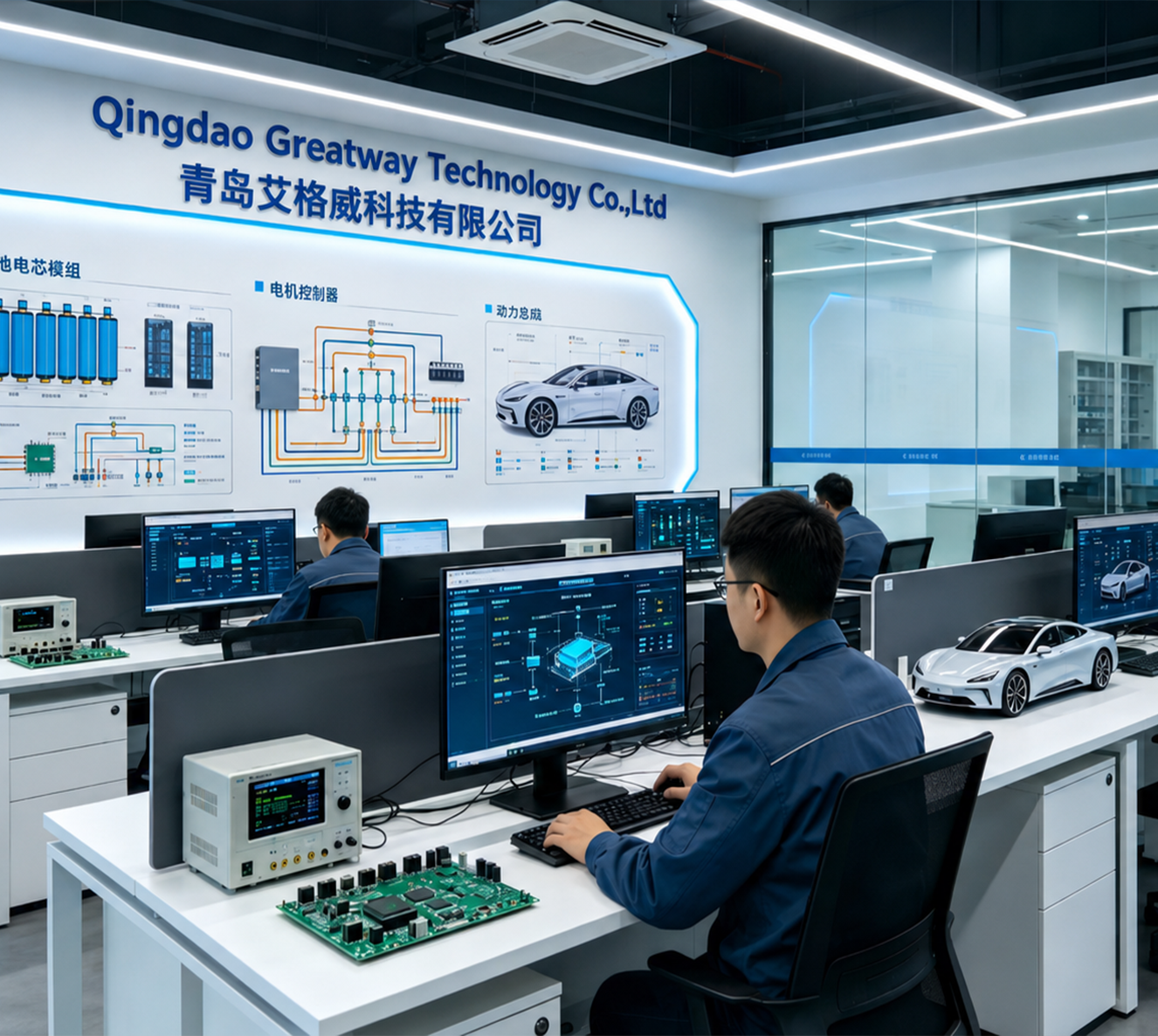 A workspace at Qingdao Greatway Technology Co., Ltd. featuring engineers analyzing electronic components and automotive designs on computer screens, with a model car and technical diagrams displayed in the background.