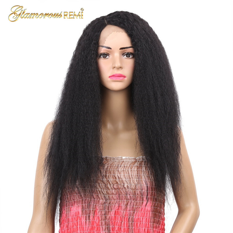 24 Inch Long Kinky Straight Wig Heat Resistant Side Part Natural