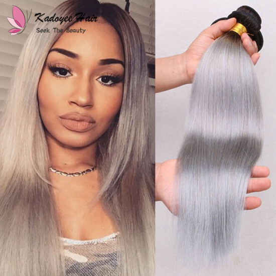 Ombre Straight Human Hair Extensions 1b Grey Ombre Gray Color