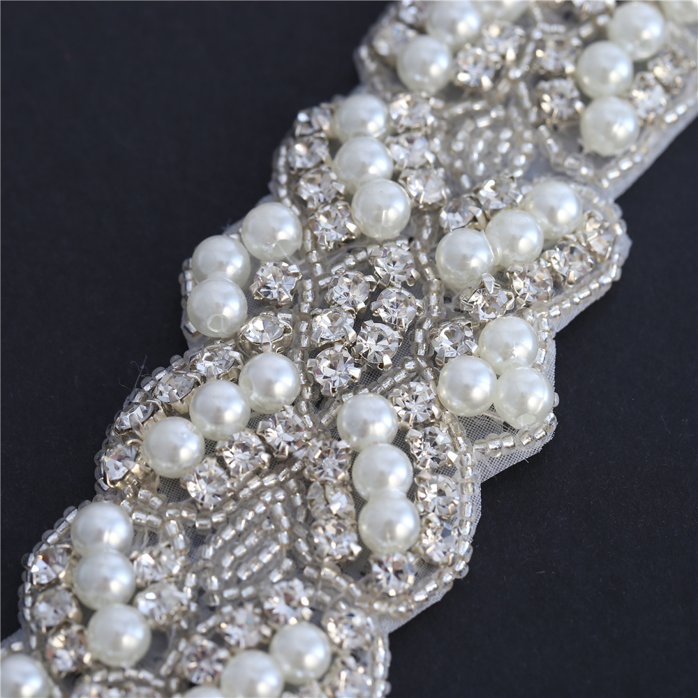 Silver Crystals Diamante Rhinestone with Pearl Applique Motif Patch Sewing Dress