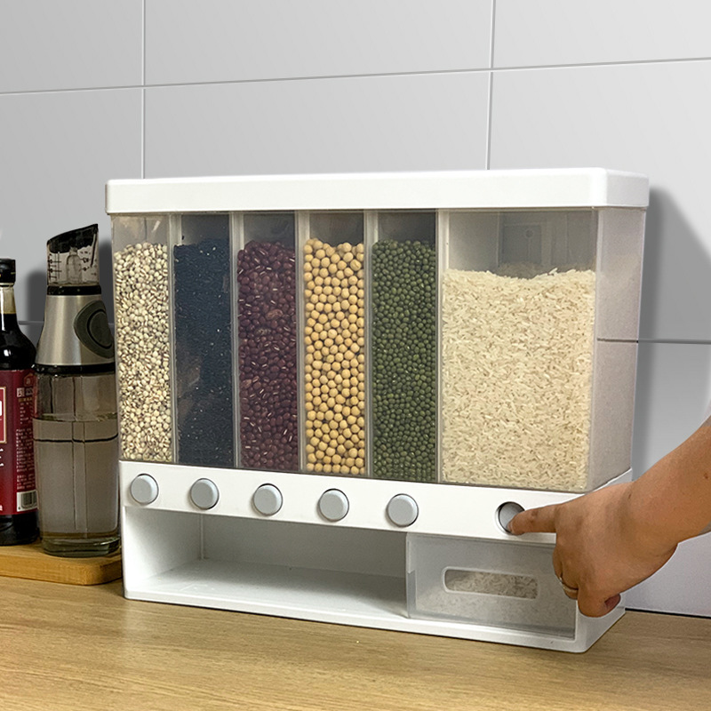 Wallmounted Dry Food Dispenser Rice Bucket Multi Compartments