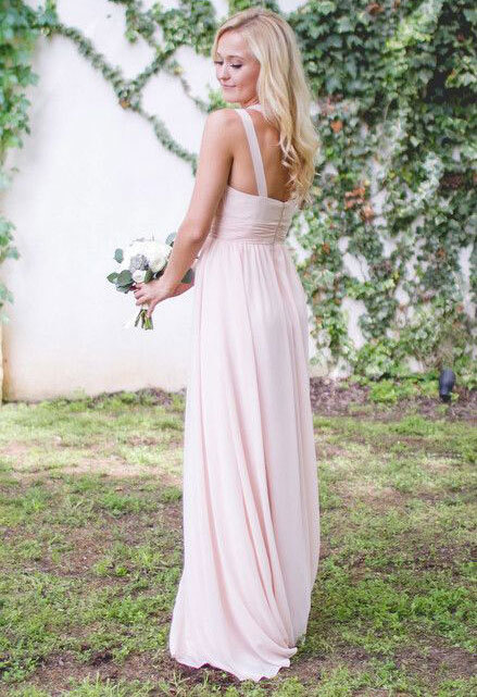One Shoulder Chiffon Pear Pink Long Bridesmaid Dresses