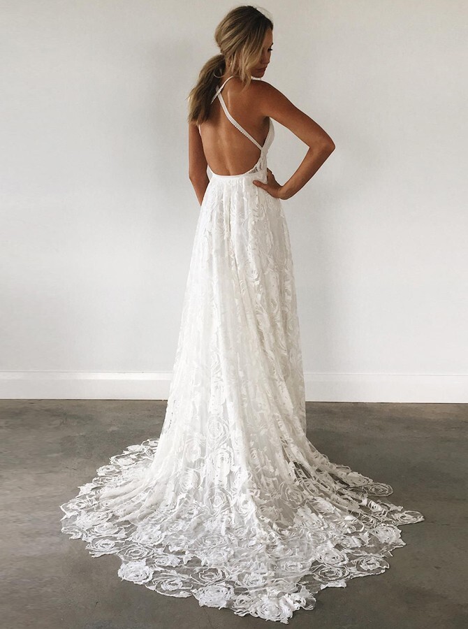 Spaghetti Straps Criss Cross Lace Wedding Dresses Bridal Gowns