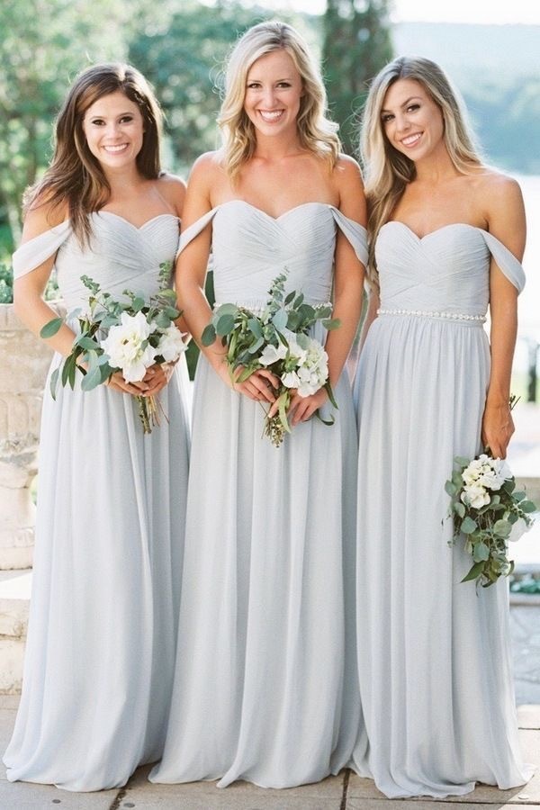 light blue off the shoulder bridesmaid dress