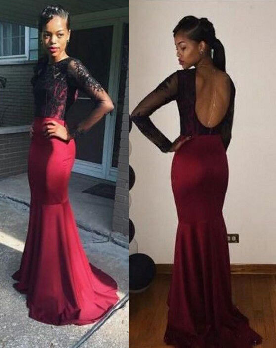 Mermaid Long Sleeves Maroon Prom Dresses with Black Lace