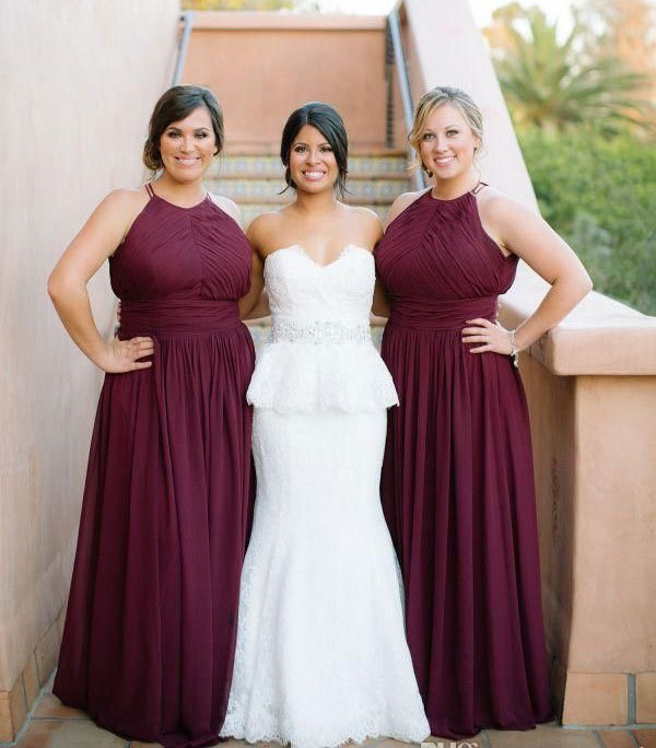 burgundy halter neck bridesmaid dress