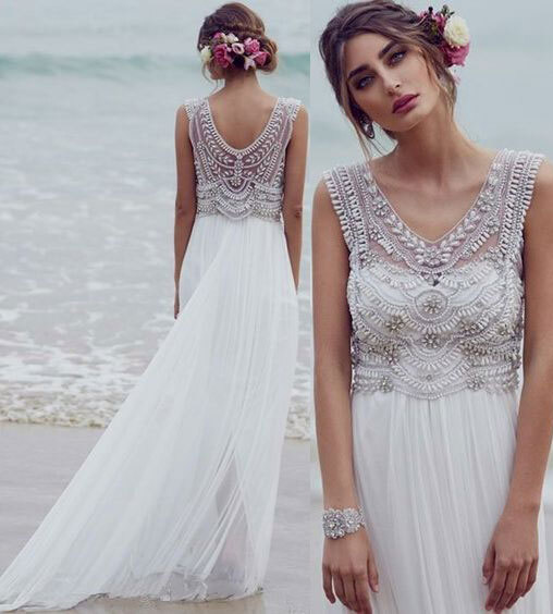 V Neck Beading Beach Wedding Dresses for Bridal