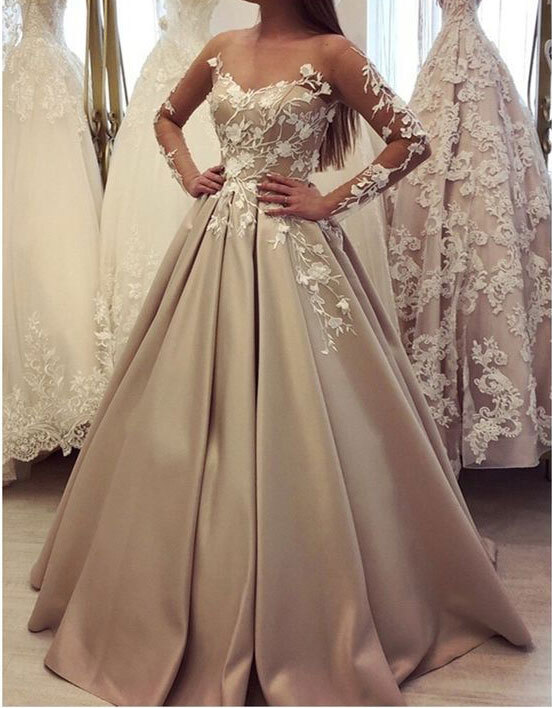 Champagne Wedding Dresses With Appliques Bridal Dress With Long Sleeves 6604