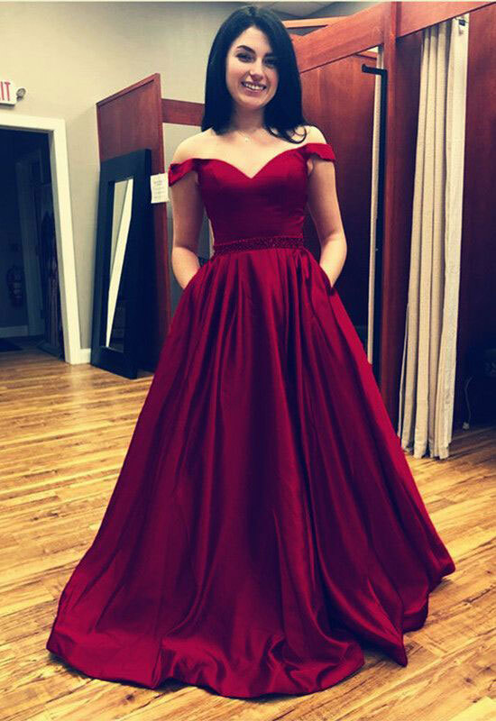 Off Shoulder Burgundy Long Prom Dress Waist with Beaded