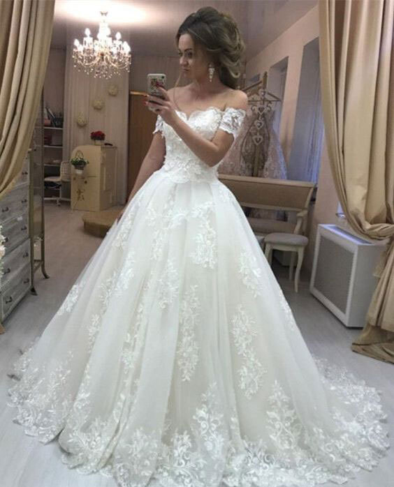 Off Shoulder Short Sleeves Wedding Dresses with Appliques Bridal Gown