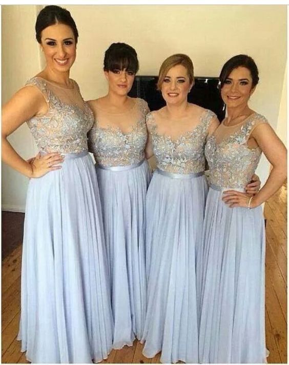 Light Sky Blue Long Bridesmaid Dress Sheer Neck with Appliques for ...