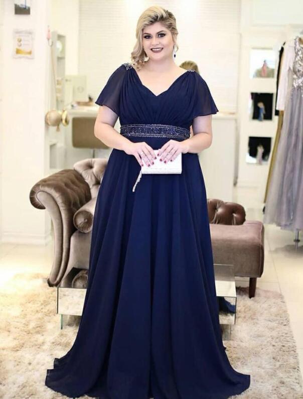 V Neck Navy Blue Long Mother of the Bride Dresses with Beaded
