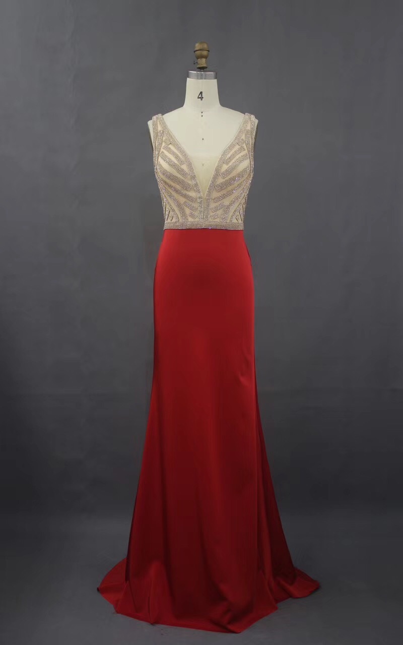 V Neck Red Prom Dress Long Gown for Women