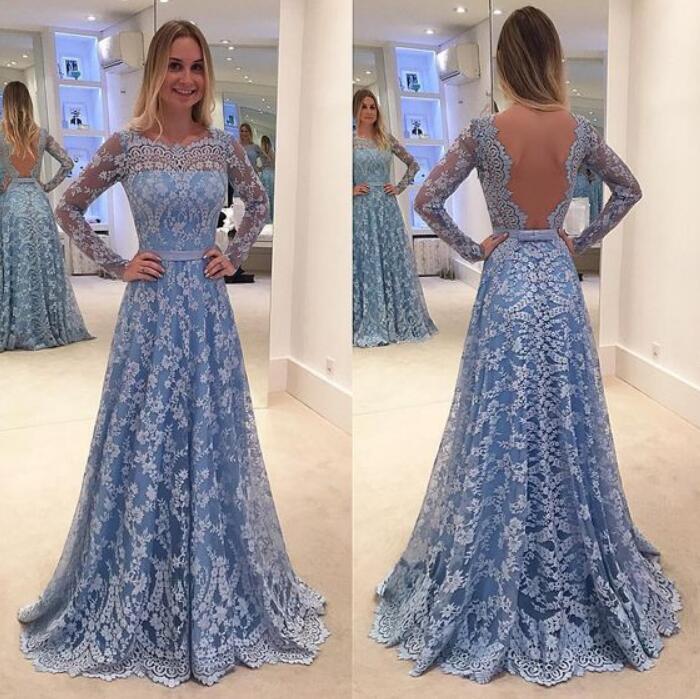 Long Sleeves Blue Lace Backless Mother of the Bride Dress