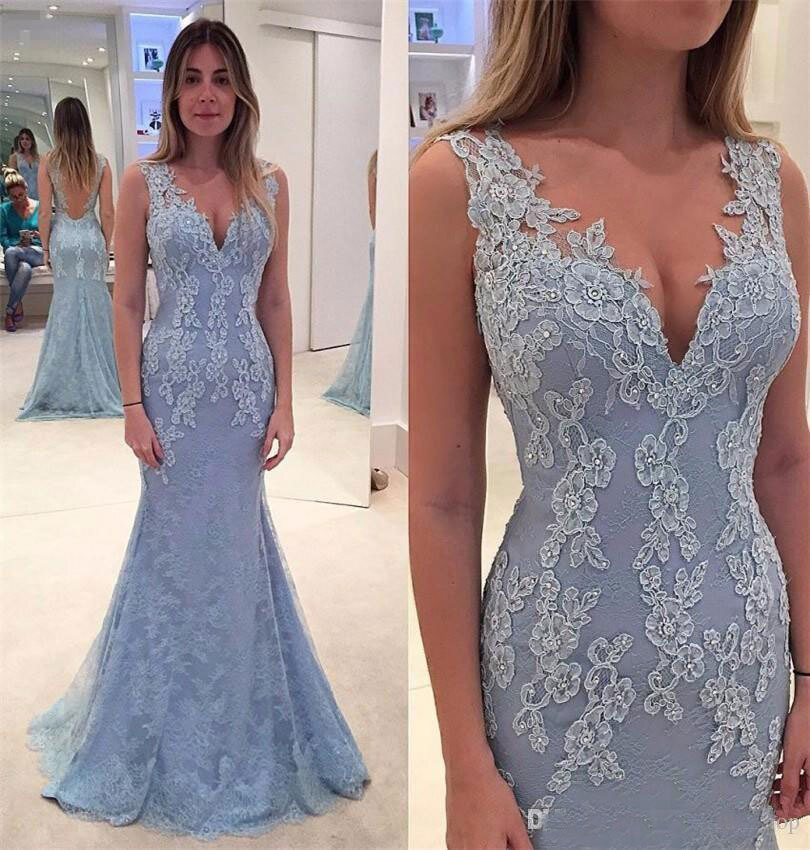 V Neck Ice Blue Lace Mother of the Bride Dress with Beaded