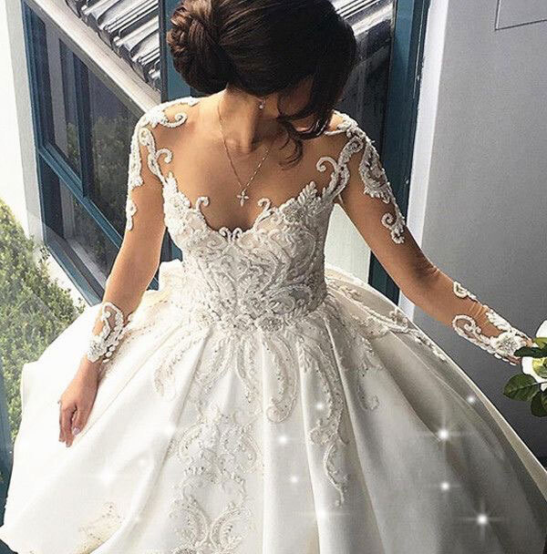 Charming White Wedding Dress Cathedral Train Bridal Dress with Beaded ...