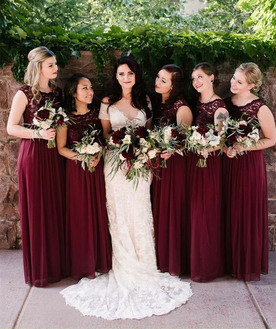 Burgundy Long Bridesmaid Dresses with Lace for Wedding Party