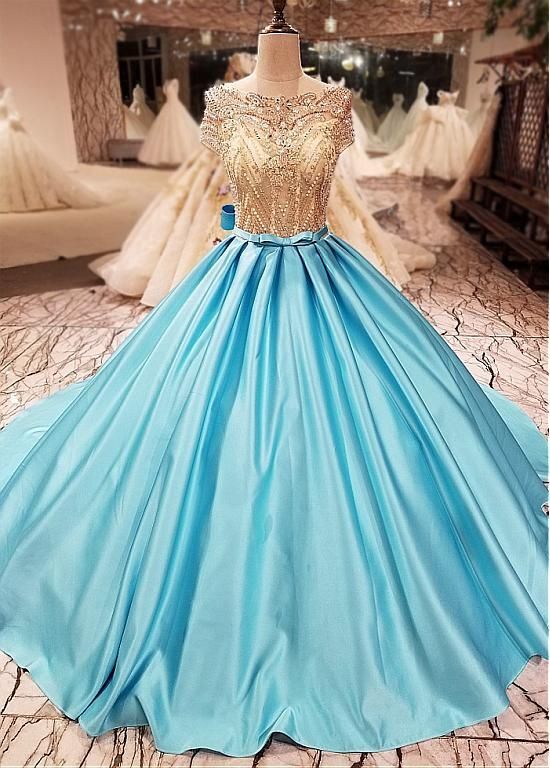 Ball Gown Cap Sleeves Beaded Rhinestone Blue Prom Dresses Pageant Gown