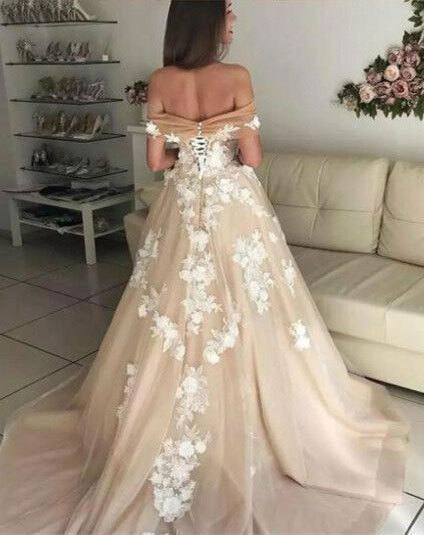 Off the Shoulder Court Train Champagne Prom Dresses with Appliques