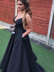 Spaghetti Straps Black Long Prom Dresses Under 100 with Pockets