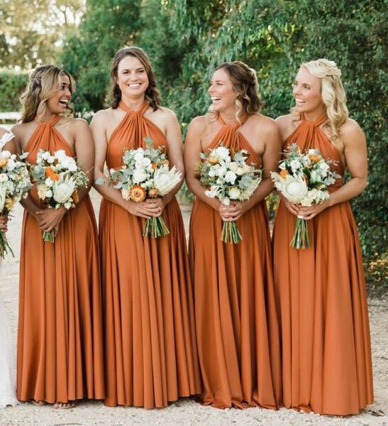 orange long dresses wedding
