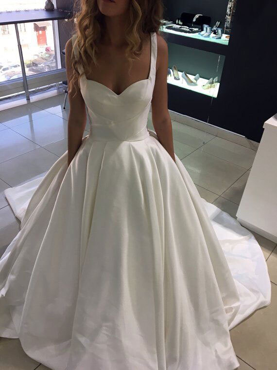 Simple Straps  Court Train Wedding  Dresses  with Pockets 