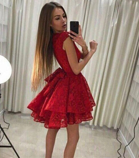 Red Lace Short Homecoming Dresses Prom Dresses with Bow on Back