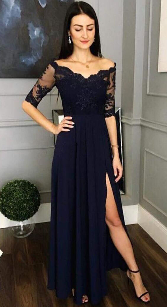 V Neck Half Sleeves Long Prom Dresses with Appliques