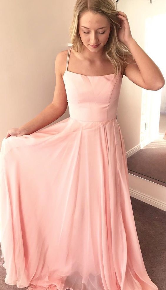Double Spaghetti Straps Pink Long Prom Dresses Under 100