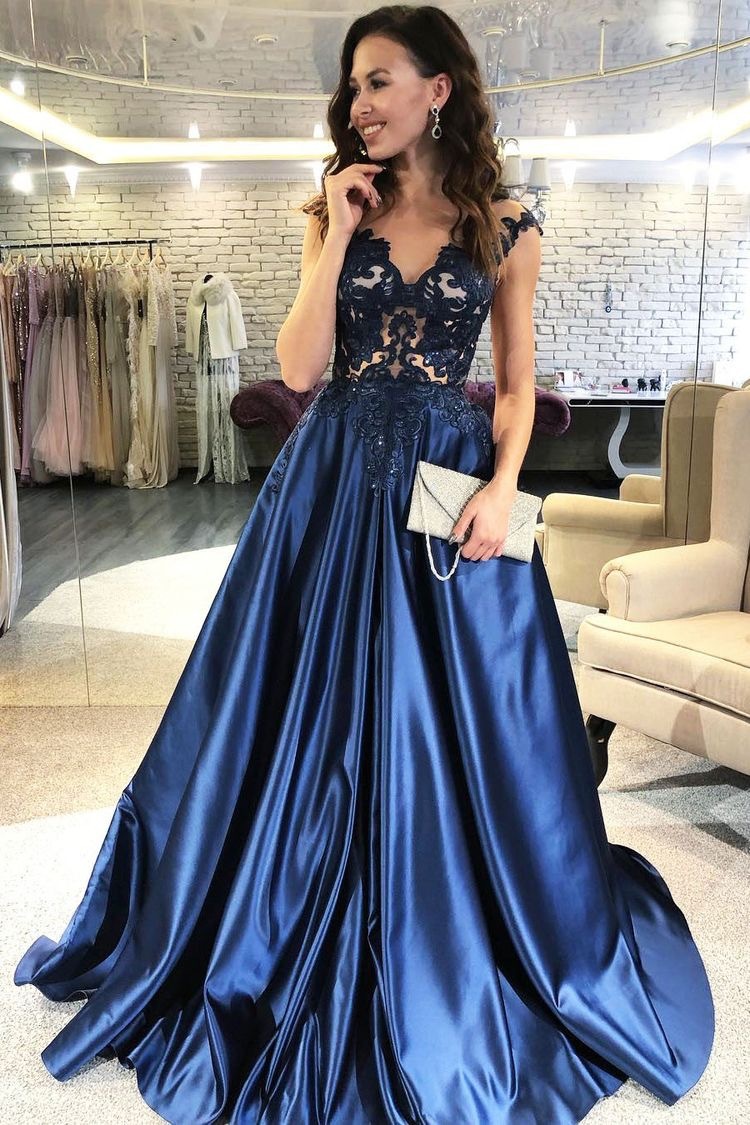 Navy Blue V Neck Long Prom Dresses with Appliques