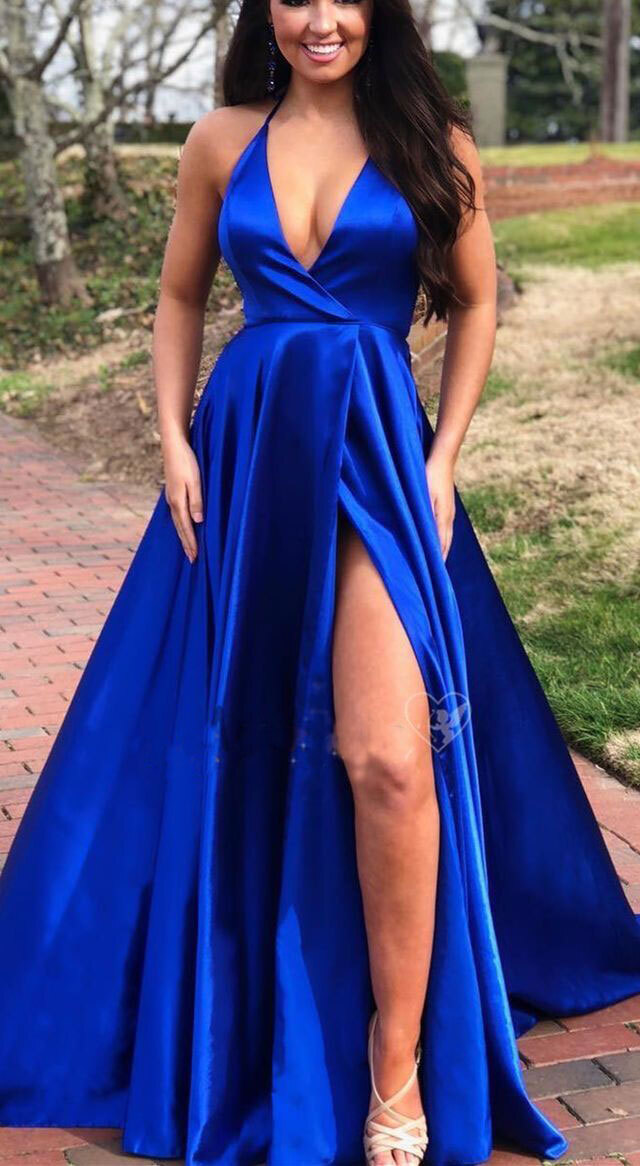 Sexy Halter Royal Blue Split Side Long Prom Dresses Under 100