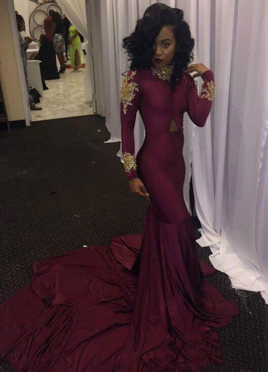 Mermaid Long Maroon Prom Dresses Long Sleeves with Gold Appliques