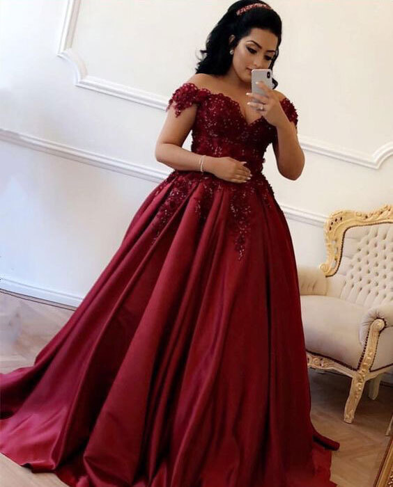 Off the Shoulder Burgundy Prom Dresses with Appliques Evening Gowns