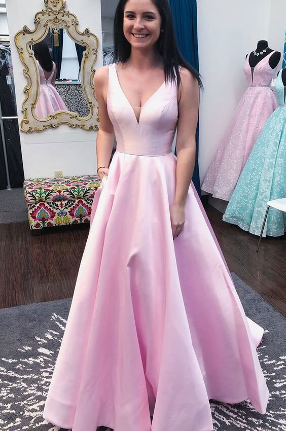 V Neck Pink Prom Dresses Long Eevening Dresses for Women