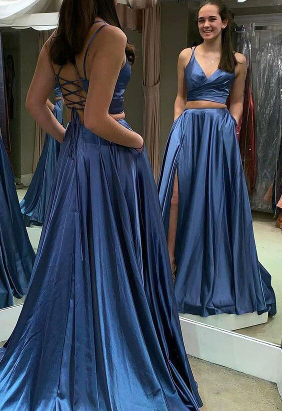 Sexy Two Piece Criss Cross Long Prom Dresses with Pockets