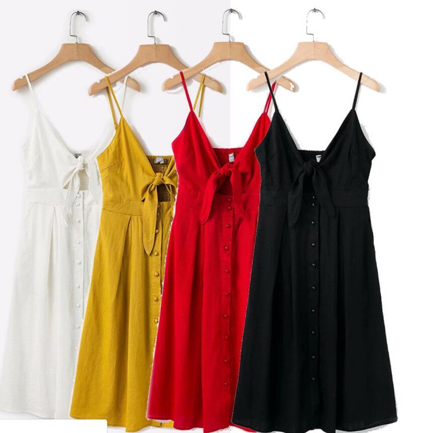 Dark Yellow Spaghetti Straps Solid Dresses for Women with Button
