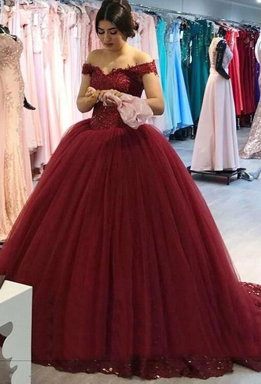 Off the Shoulder Burgundy Tulle Long Quinceanera Dresses Prom Gowns for ...