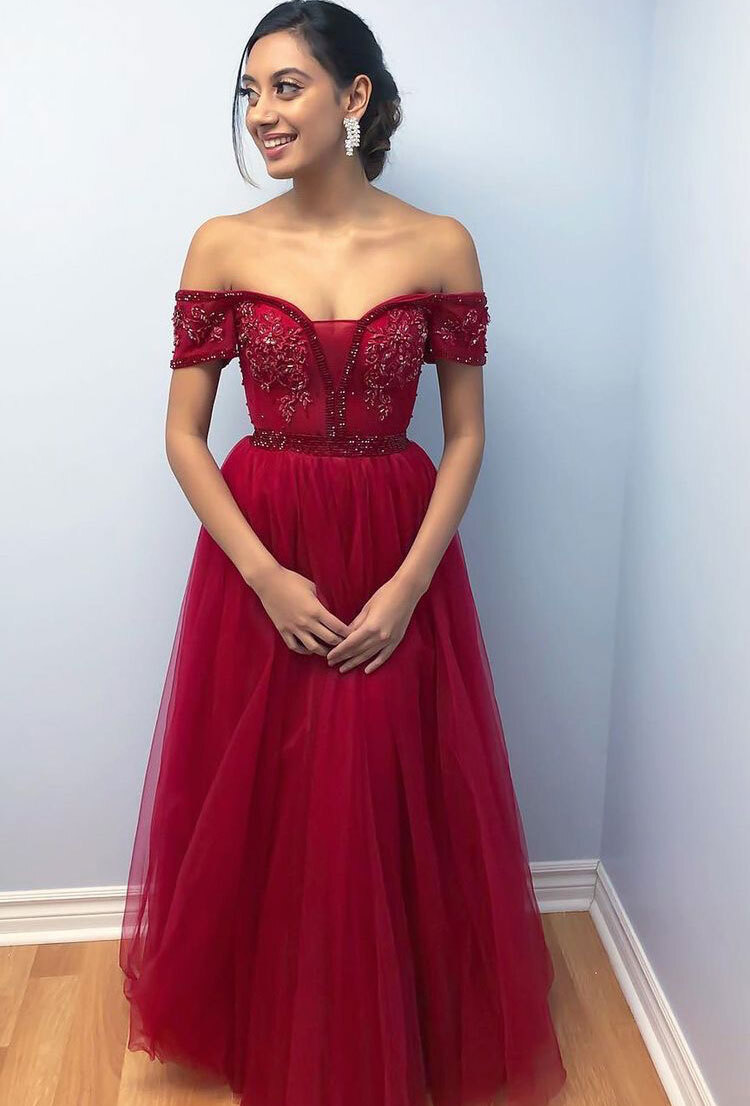 Off the Shoulder Long Burgundy Prom Dresses with Beaded