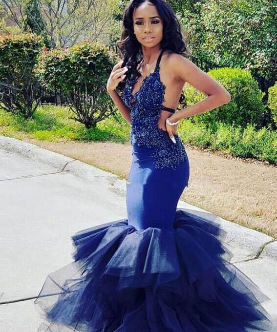 Mermaid Royal Blue Prom Dresses Evening Gowns with Appliques Beaded