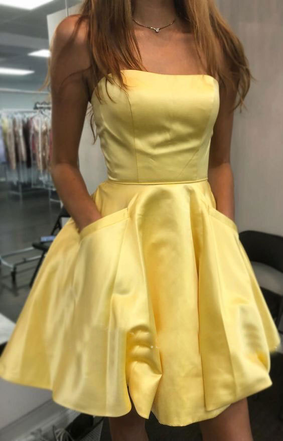 Strapless Yellow Short Dresses with Pockets Under 100