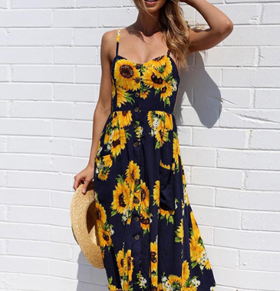 Spaghetti Straps Garden Casual Dresses Tea Length Summer Dresses