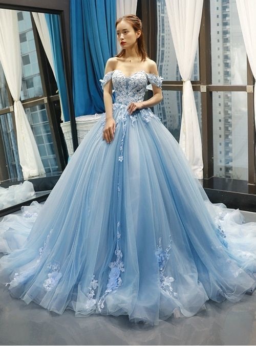 Off the Shoulder Tulle Light Blue Prom Dresses with Appliques for Women