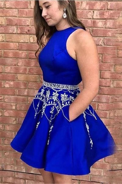 Royal Blue Short Homecoming Dresses with Pockets Crystones