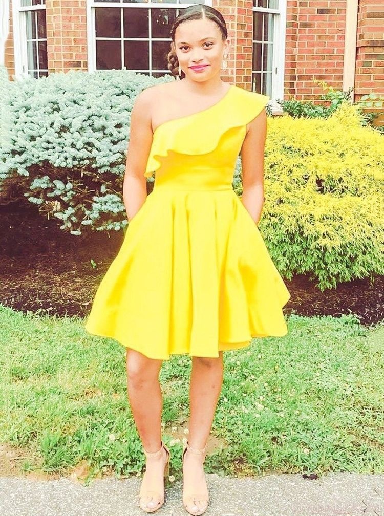 One Shoulder Single Yellow Homecoming Dresses Under 100