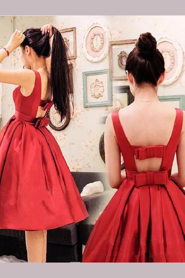 Square Red Short Homecocming Dresses with Bowknot for Women