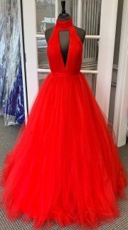 High Neck Tulle Organe Red Long Prom Dresses Under 100 JK09