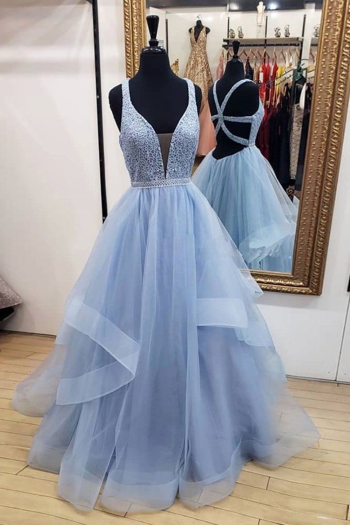 Blue Tulle V Neck Long Prom Dresses with Lace
